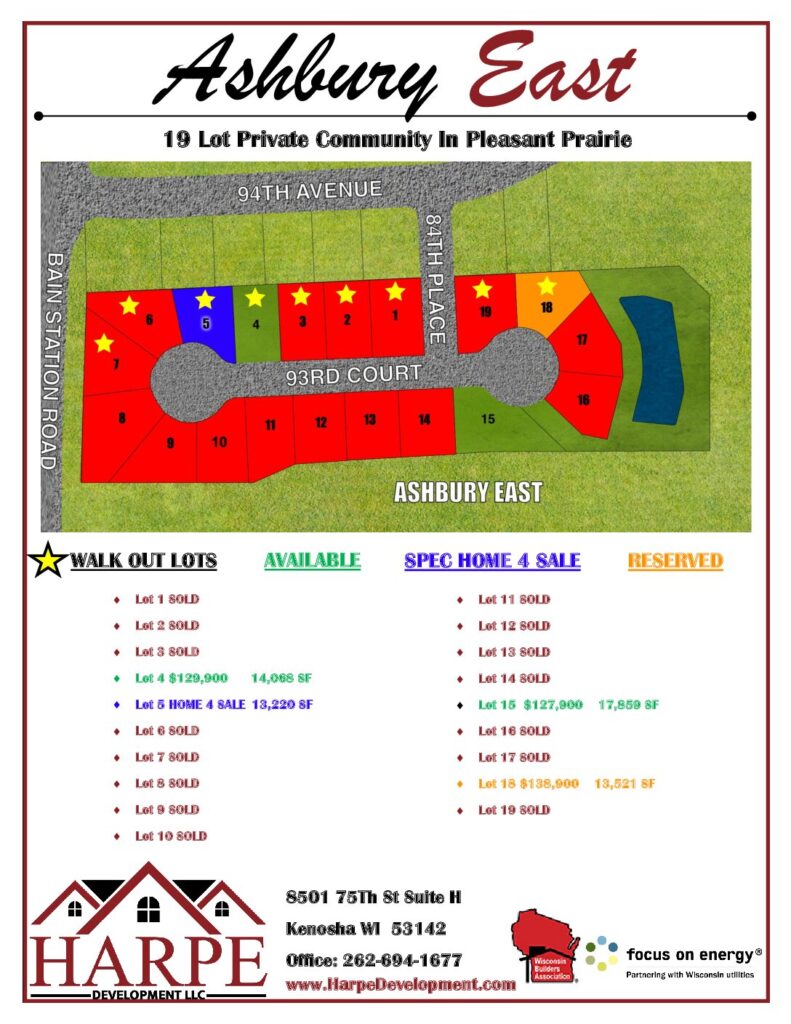 Ashbury East, Pleasant Prairie Wisconsin, 19 lot community flyer