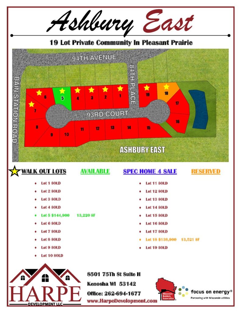 Ashbury East, Pleasant Prairie Wisconsin, 19 lot community flyer