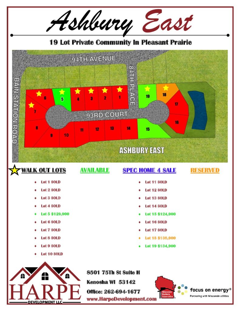 Ashbury East, Pleasant Prairie Wisconsin, 19 lot community flyer