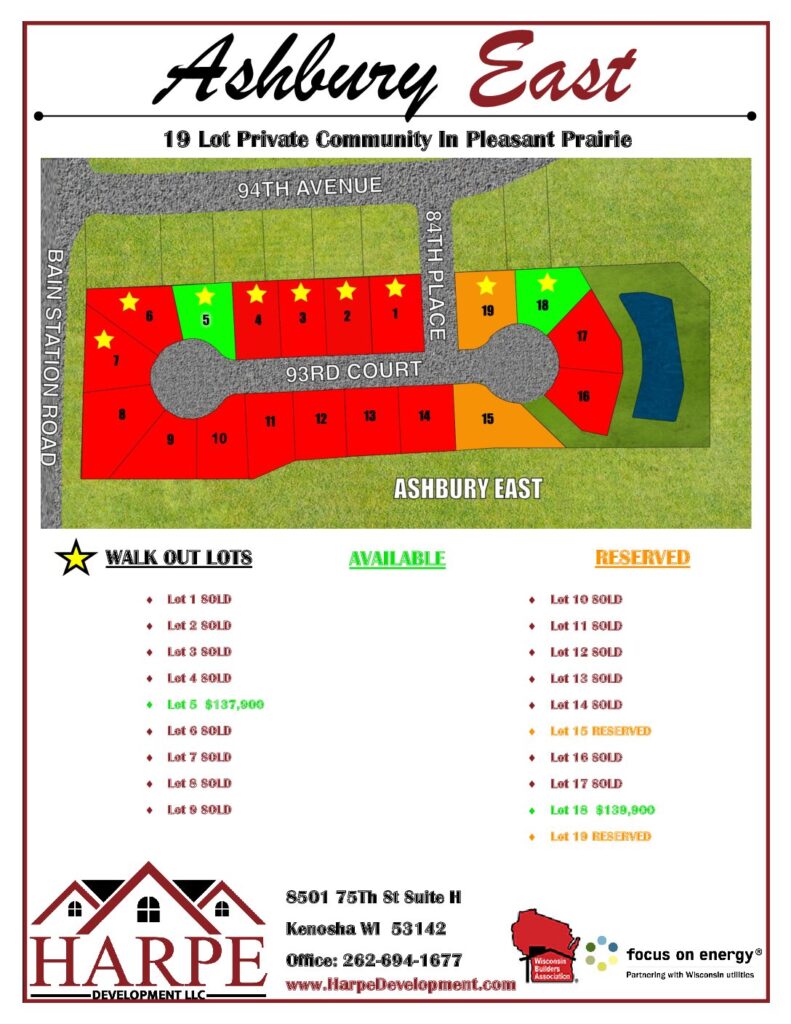 Ashbury East, Pleasant Prairie Wisconsin, 19 lot community flyer