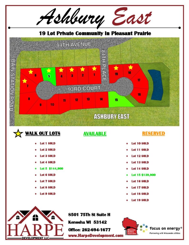 Ashbury East, Pleasant Prairie Wisconsin, 19 lot community flyer