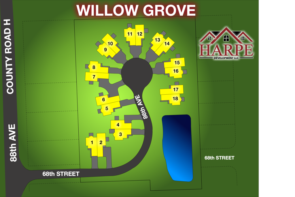WILLOW GROVE, PLEASANT PRAIRIE WISCONSIN SATELLITE VIEW OF LUXURY RANCH CONDOMINIUM DEVELOPMENT