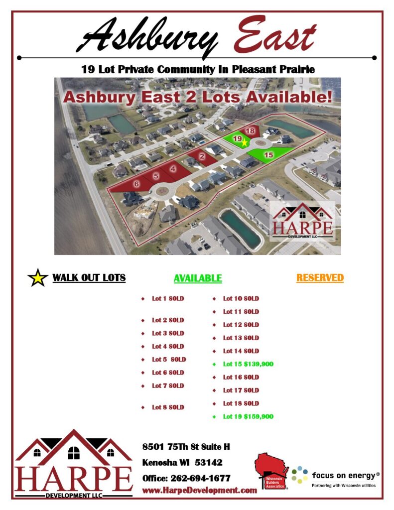 Ashbury East, Pleasant Prairie Wisconsin, 19 lot community flyer