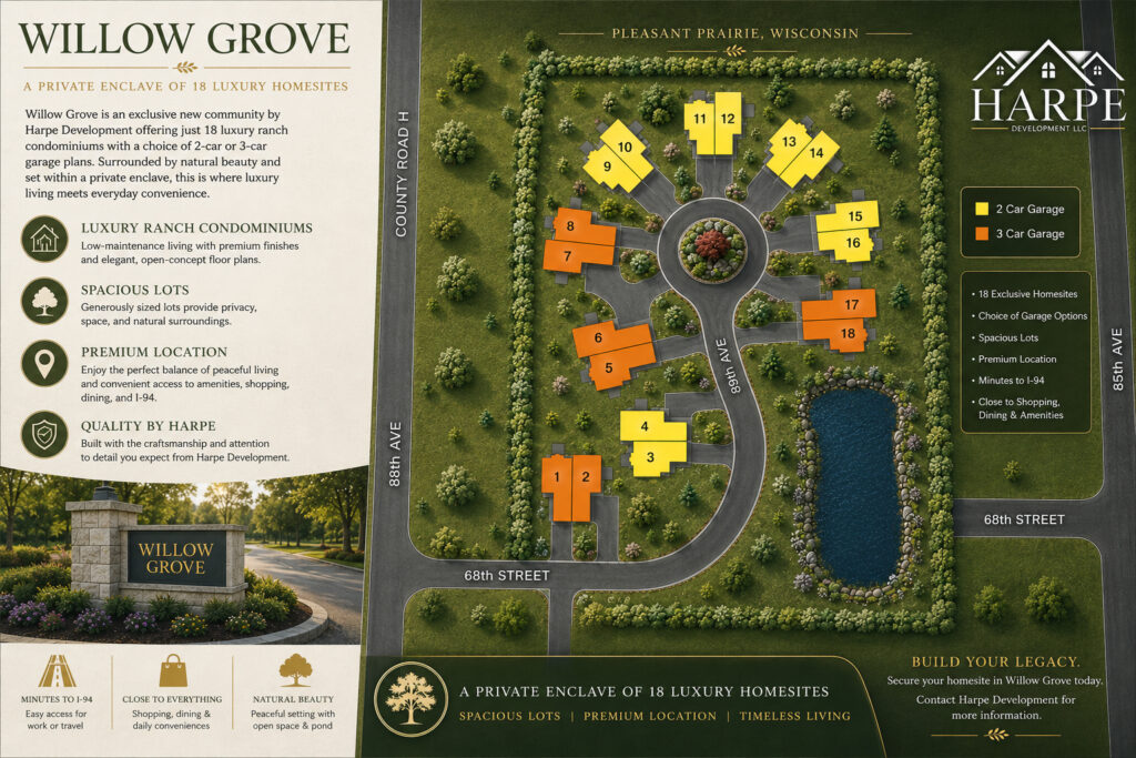 WILLOW GROVE, PLEASANT PRAIRIE WISCONSIN SATELLITE VIEW OF LUXURY RANCH CONDOMINIUM DEVELOPMENT